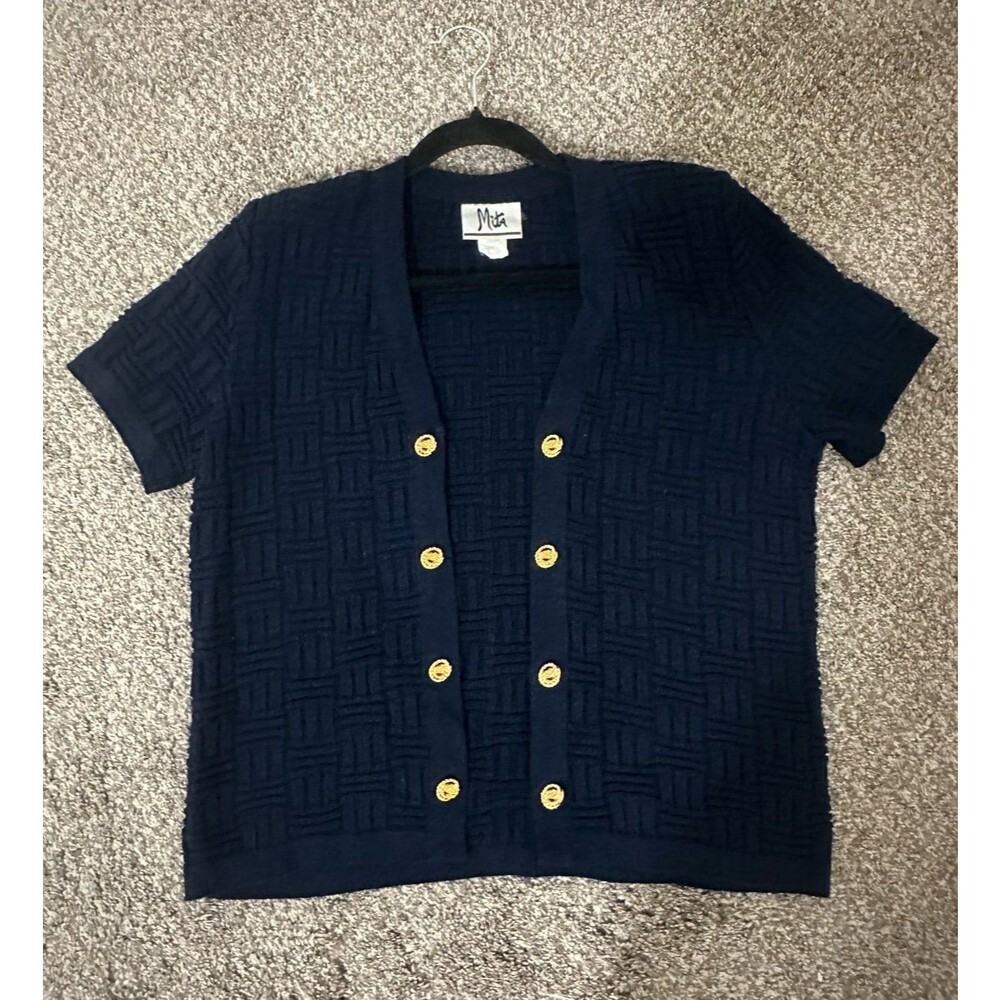 Vintage Mita Navy Knit Short Sleeve Cardigan with Gold Buttons - Size: 8 Petite